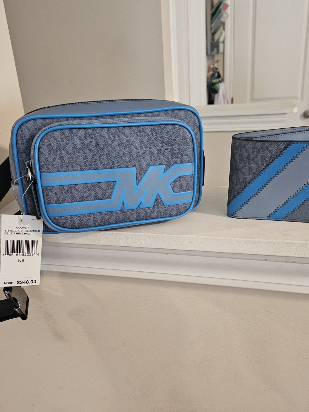 Michael Kors Gray and Bright Blue MK Logo Belt Bag With Matching Wallet